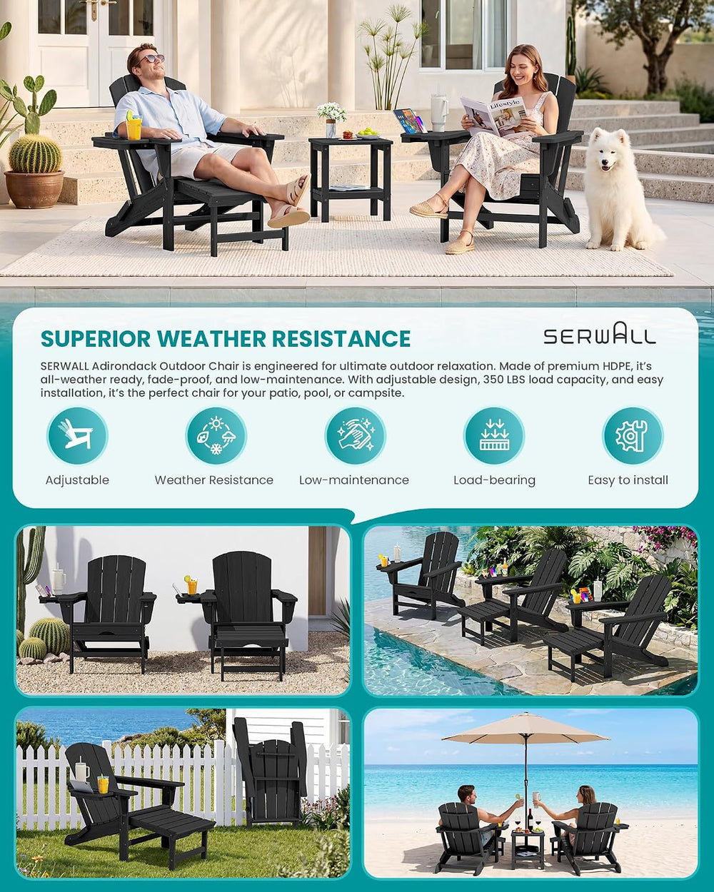 SERWALL Folding Adjustable Adirondack Chairs with Footrest Set of 4, HDPE Out...