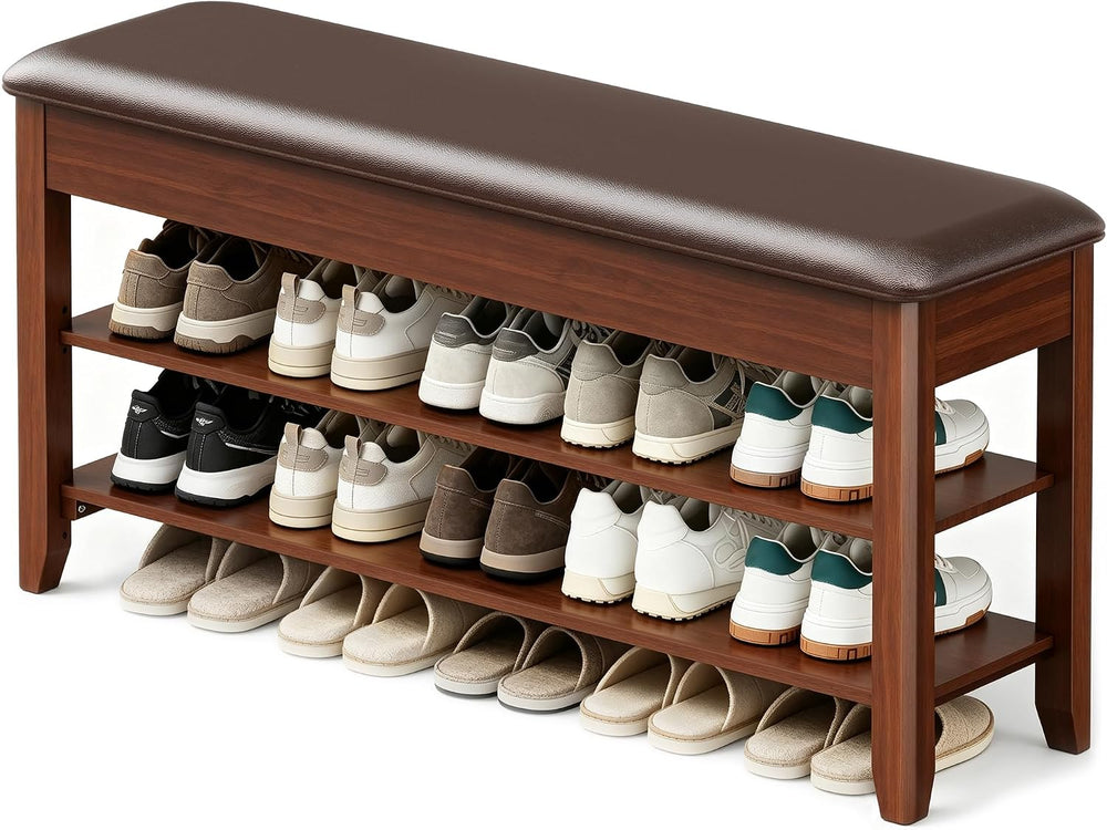 LBT Shoe Bench with Storage, Solid Rubberwood Shoe Rack Bench for Entryway