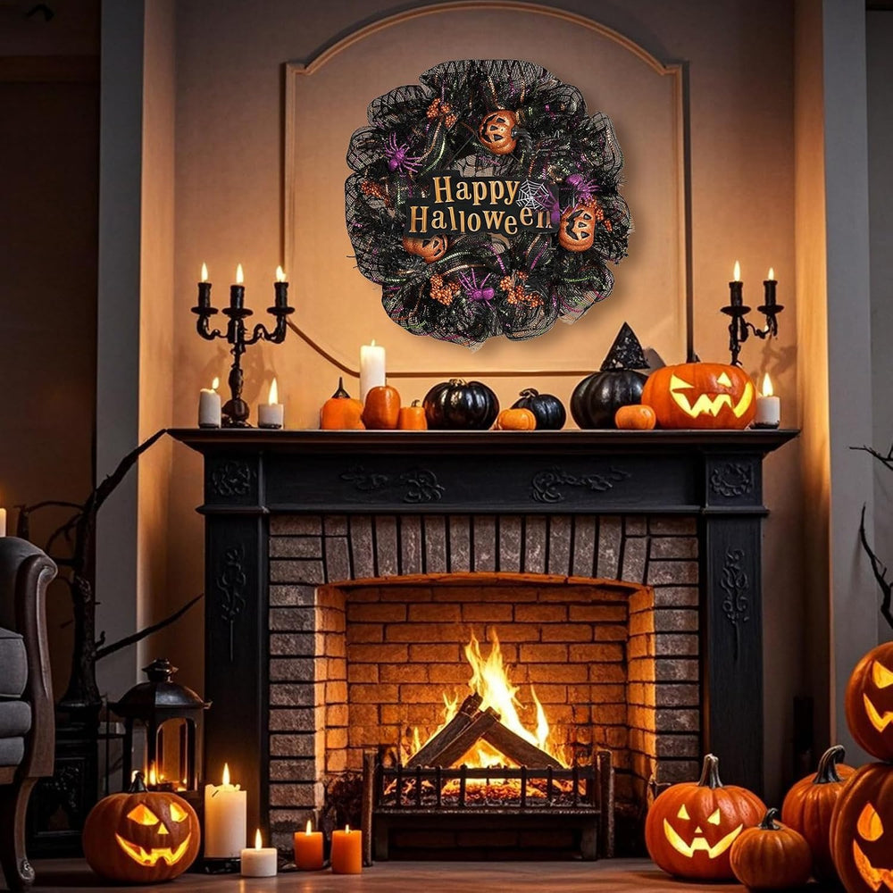 24 inch Wreath, Halloween Wreath for Front Door, Halloween Spider Decor Pumpk...