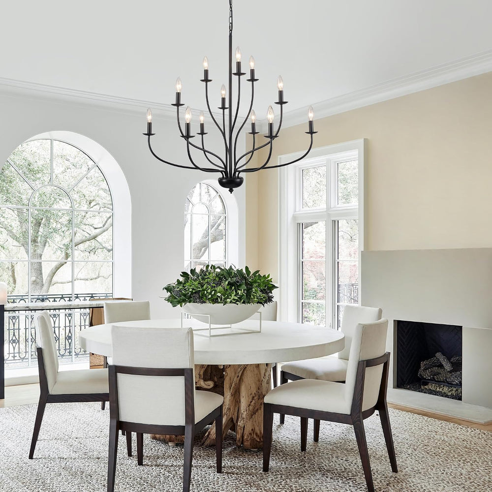 Black Chandelier 12 Light, Large Farmhouse Chandelier for Dining Room