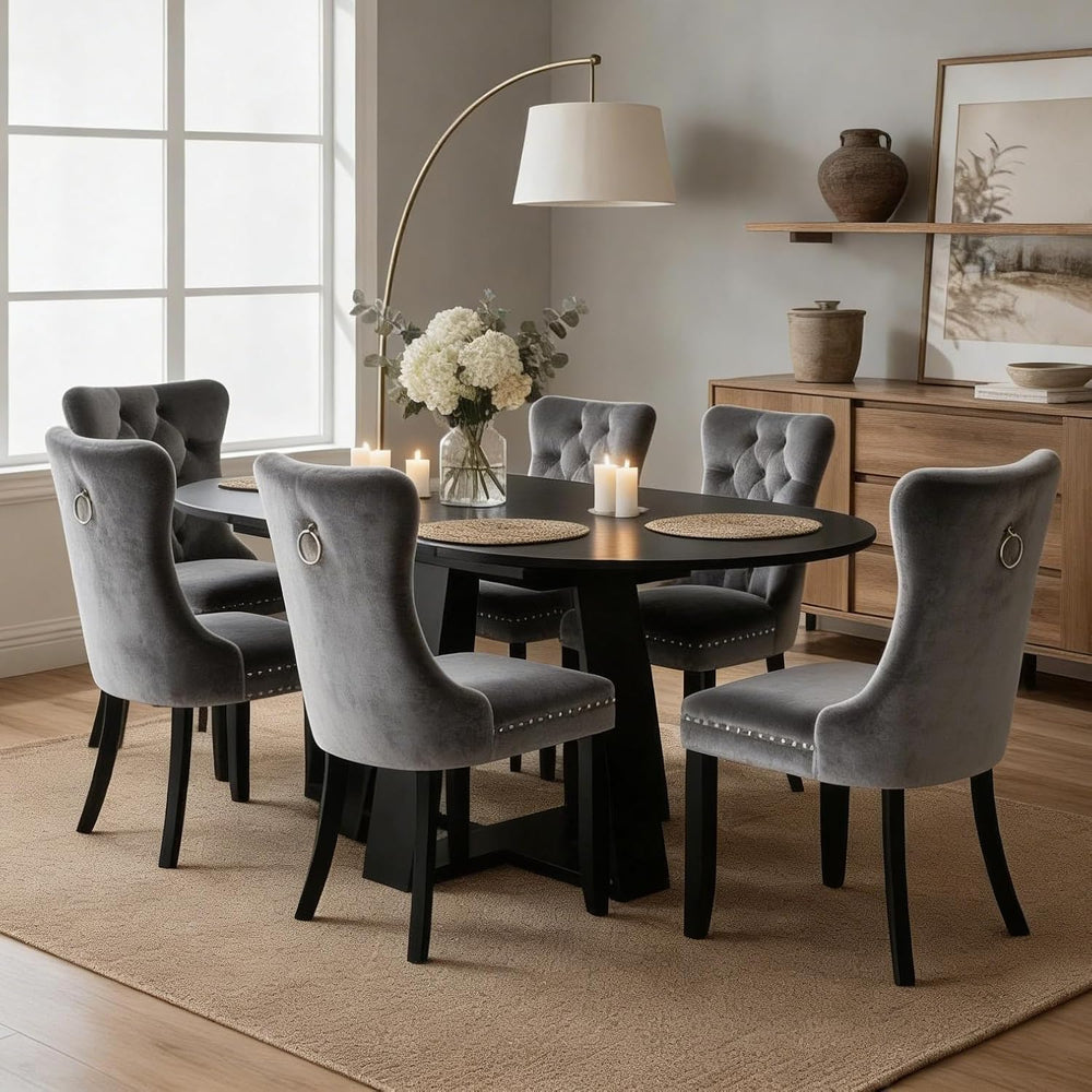 Round Extendable Dining Table Set for 6, 43"-59" Black Expandable K...