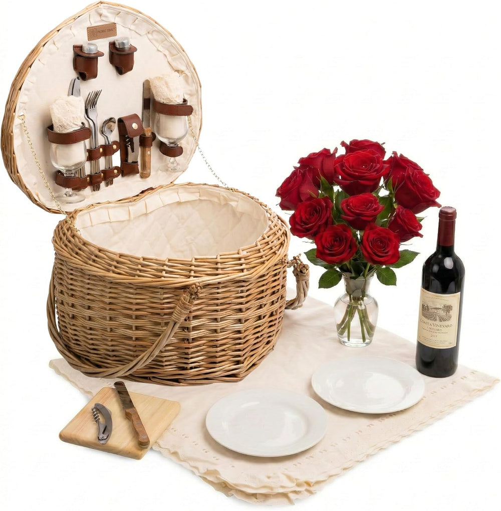 PICNIC TIME Heart Picnic Basket for 2, Wicker Basket with Handle, Complete De...