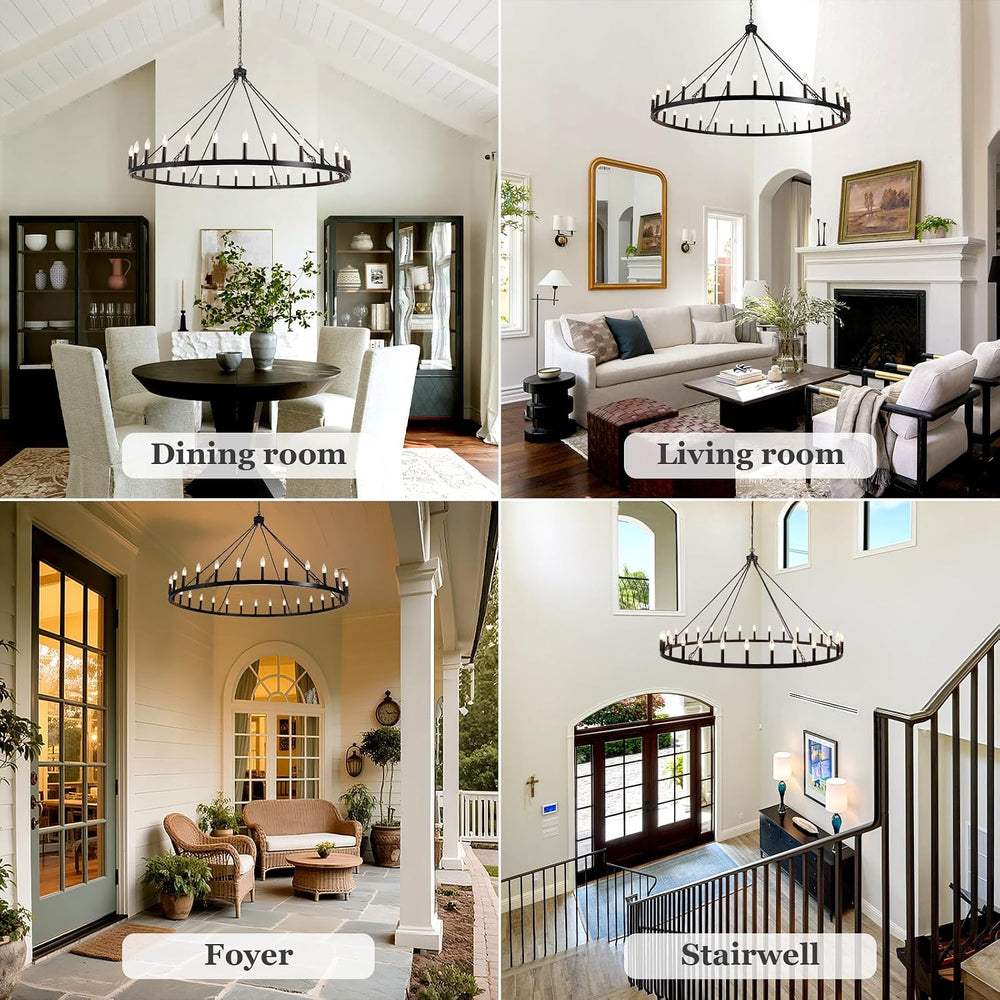 30 Lights Black Extra Large Wagon Wheel Chandelier, 60 Inch Farmhouse Industr...