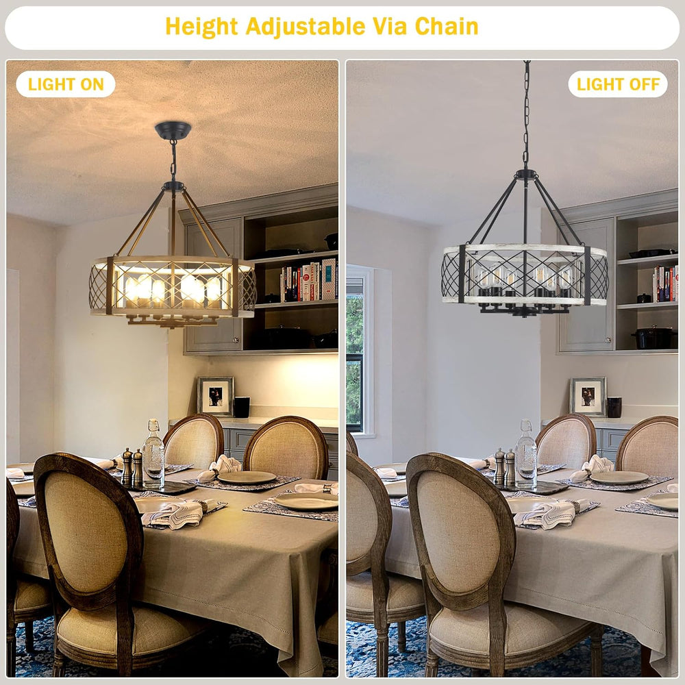 21.6” White Farmhouse Chandelier, 6-Light Wood Grain Finish Chandelier