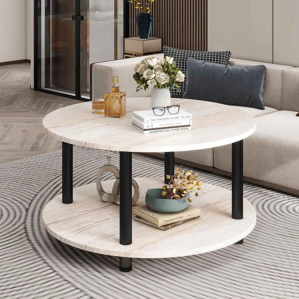 23.6" Round Coffee Table, 2-Tier Small Circle Coffee Table with Storage,...