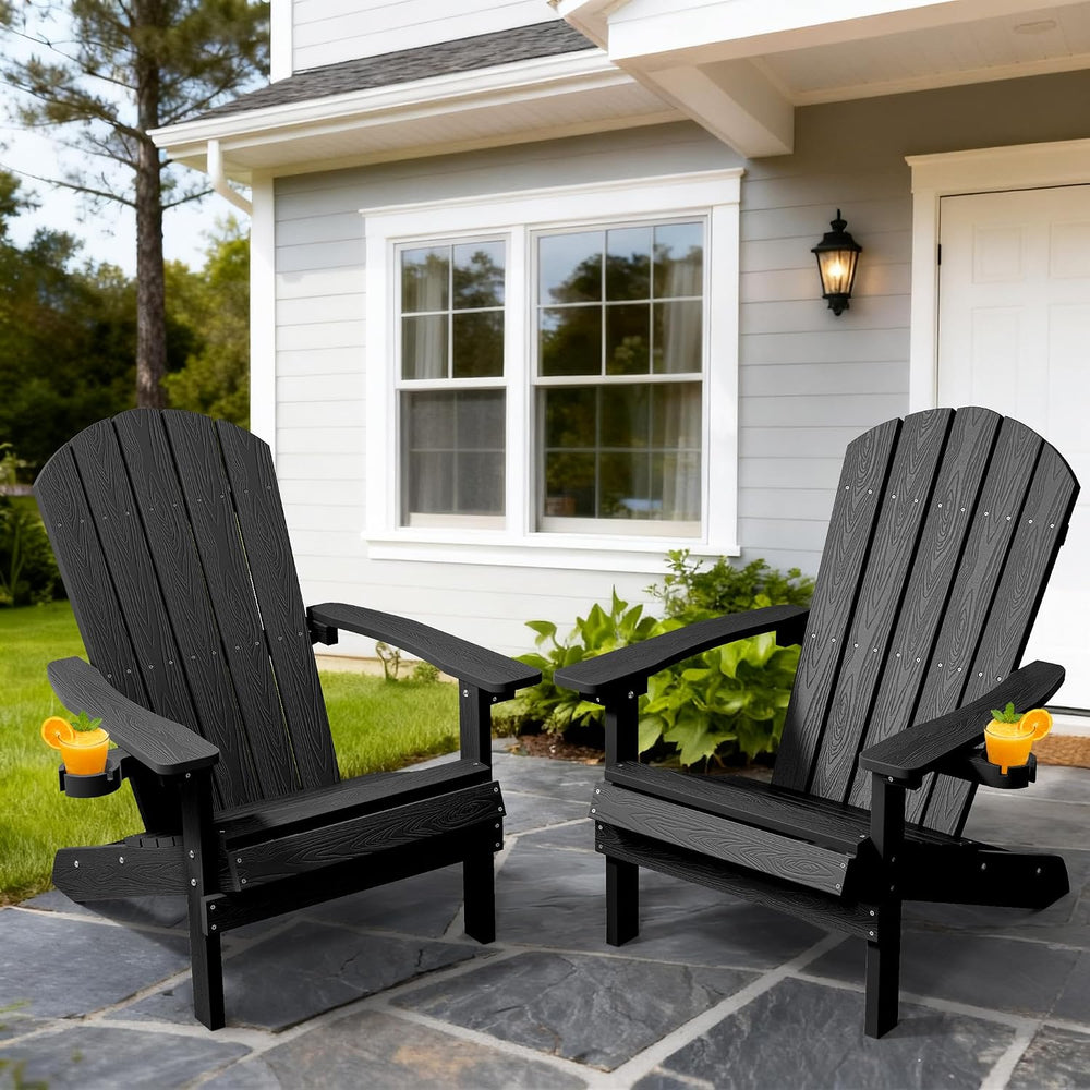 YEFU Adirondack Chairs Set of 2 with Cup Holder, Weather Resistant, Black