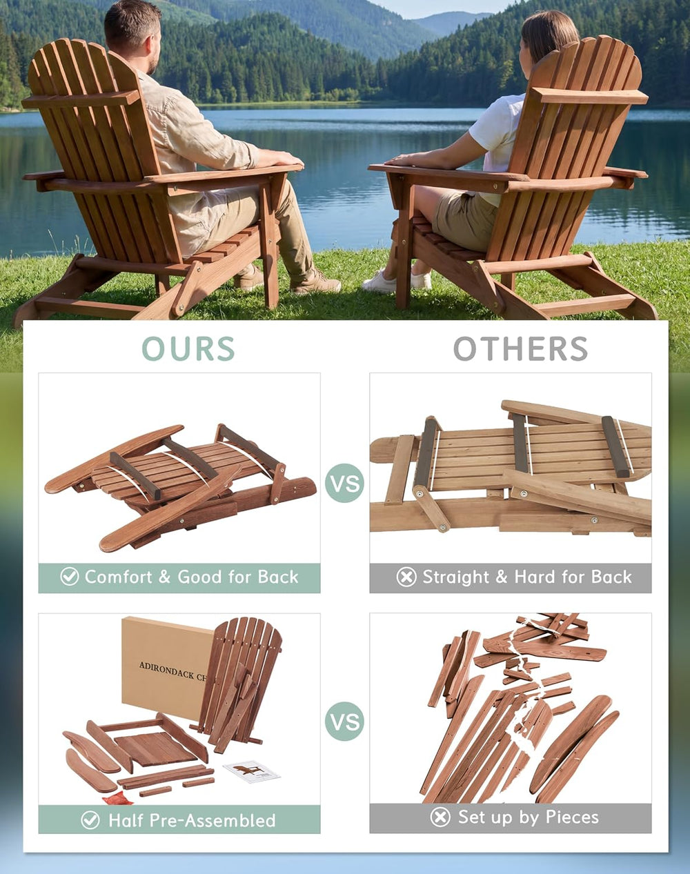 Wooden Folding Adirondack Chair Set of 2, Half Pre-Assembled Wood Lounge Chai...