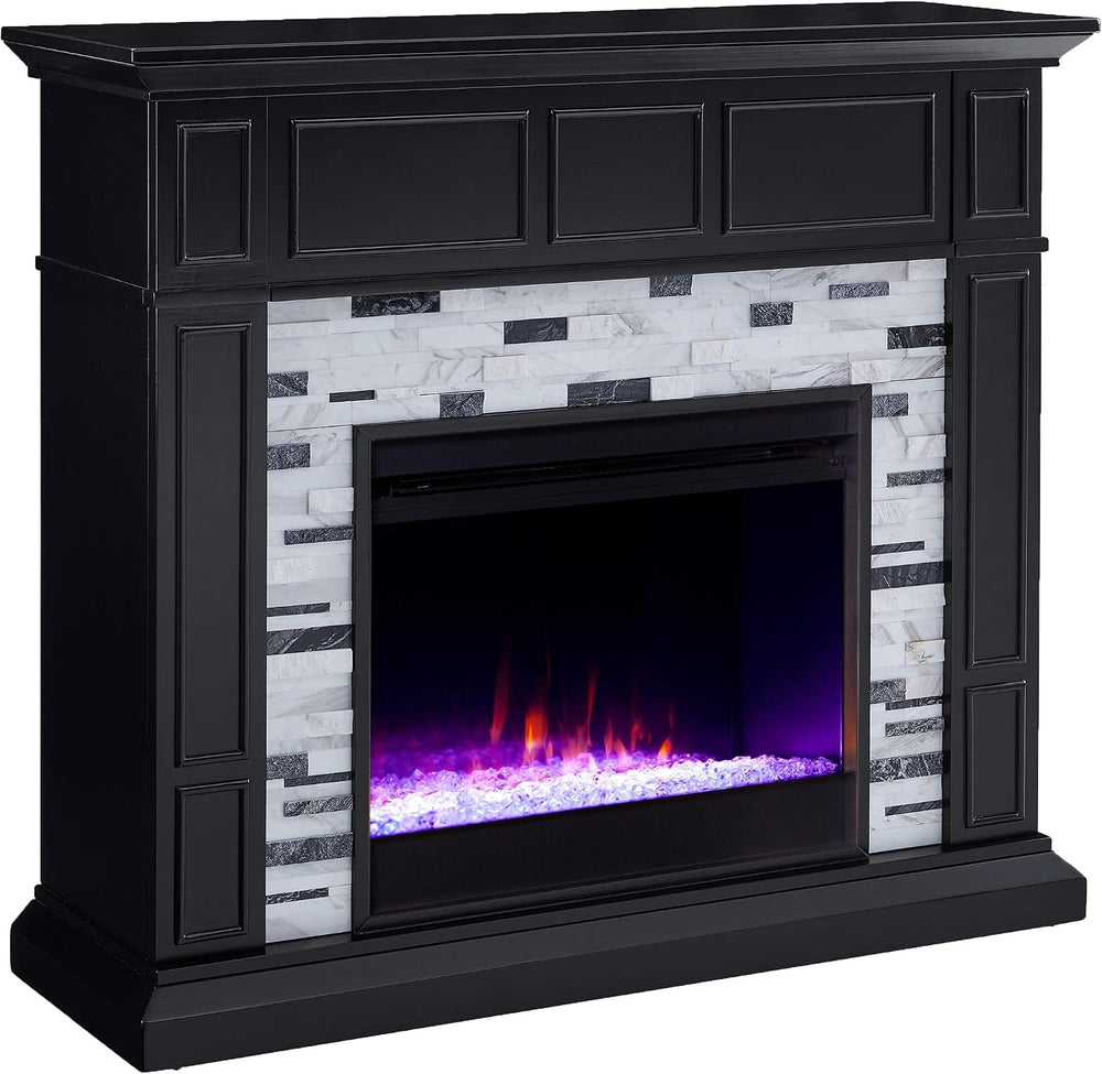 SEI Furniture Drovling Marble Tiled Color Changing Electric Fireplace, Black-...