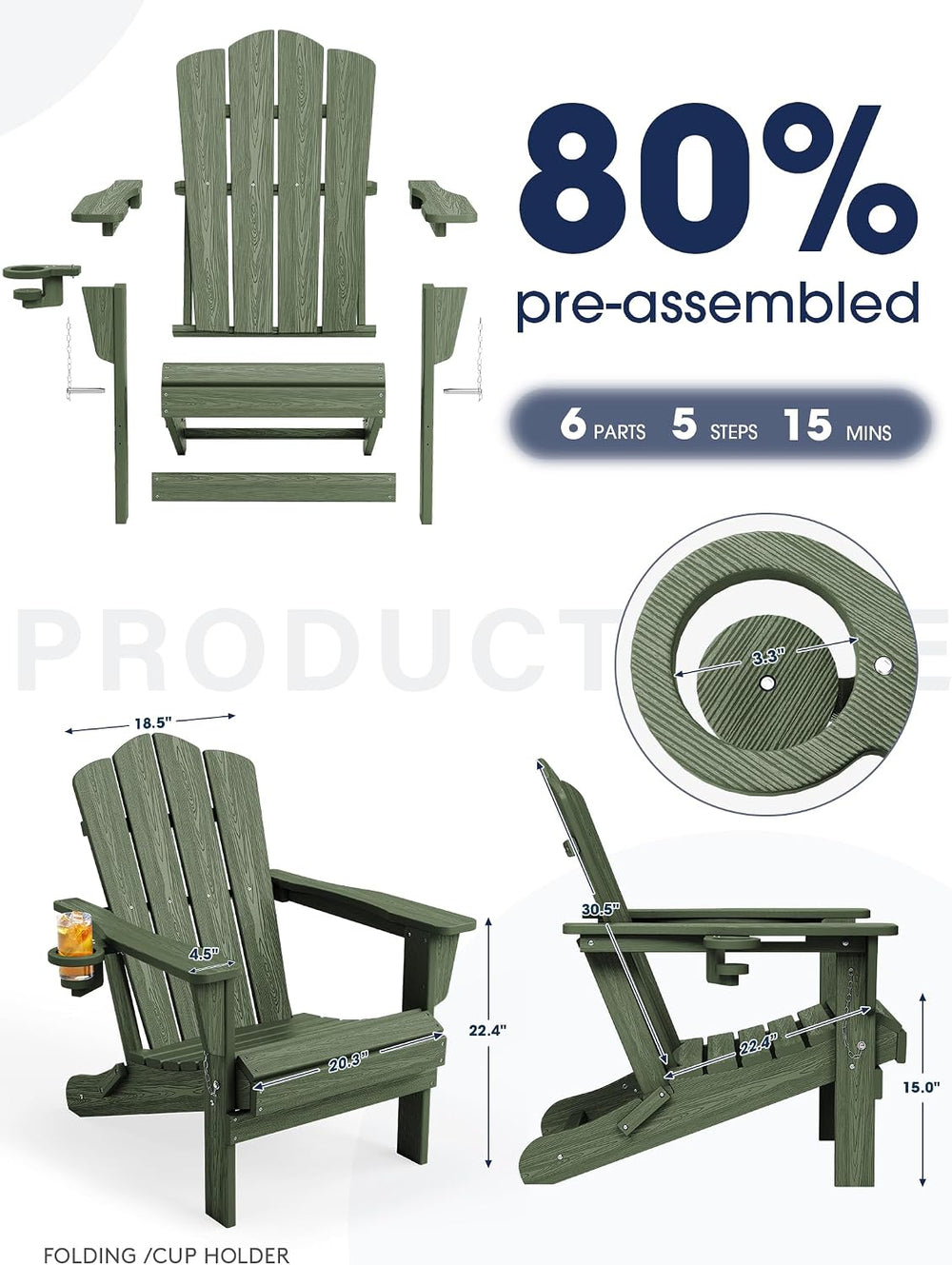 KINGYES Folding Adirondack Chair Set of 2 with Cup Holder, Avocado
