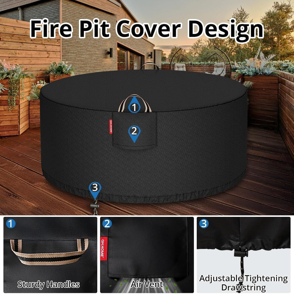 QH.HOME Fire Pit Cover Round 60", 900D Heavy Duty Fabric 100% Waterproof