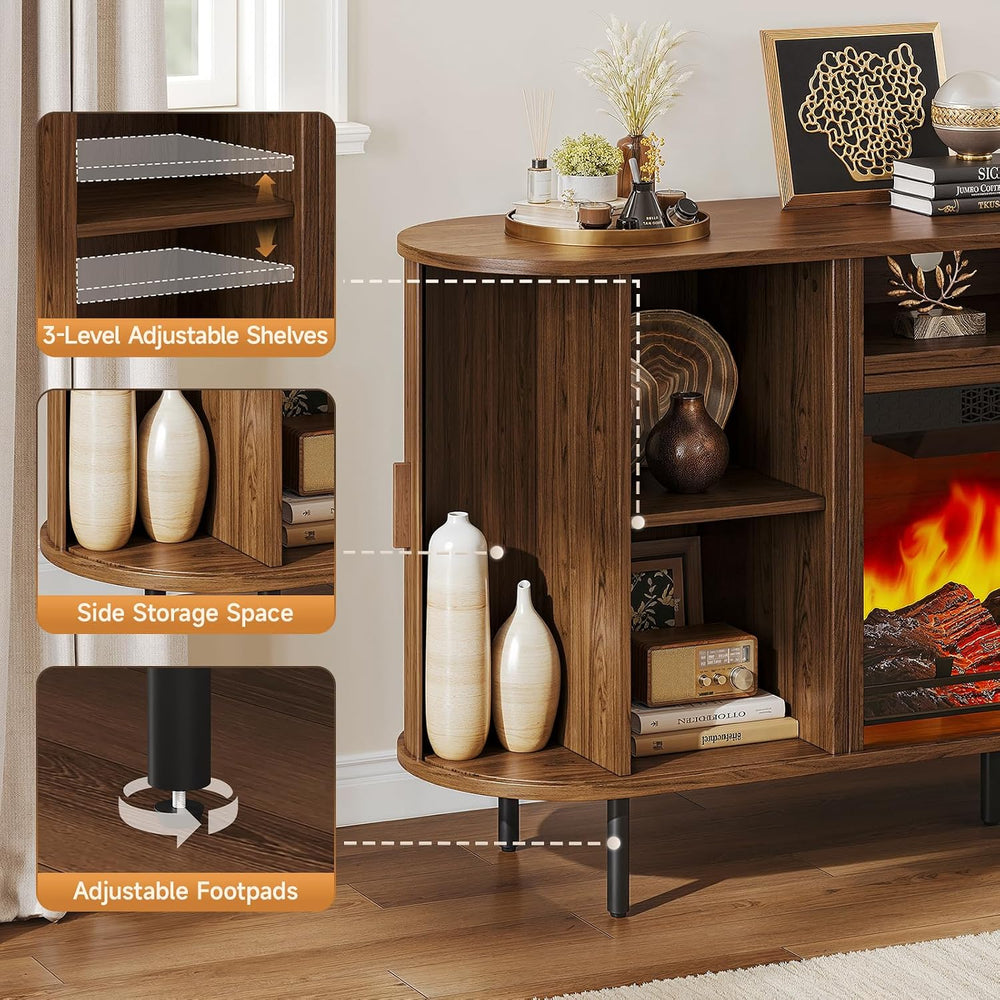 ComfyCorner 63" Fluted Fireplace TV Stand with Sliding Doors & Power...