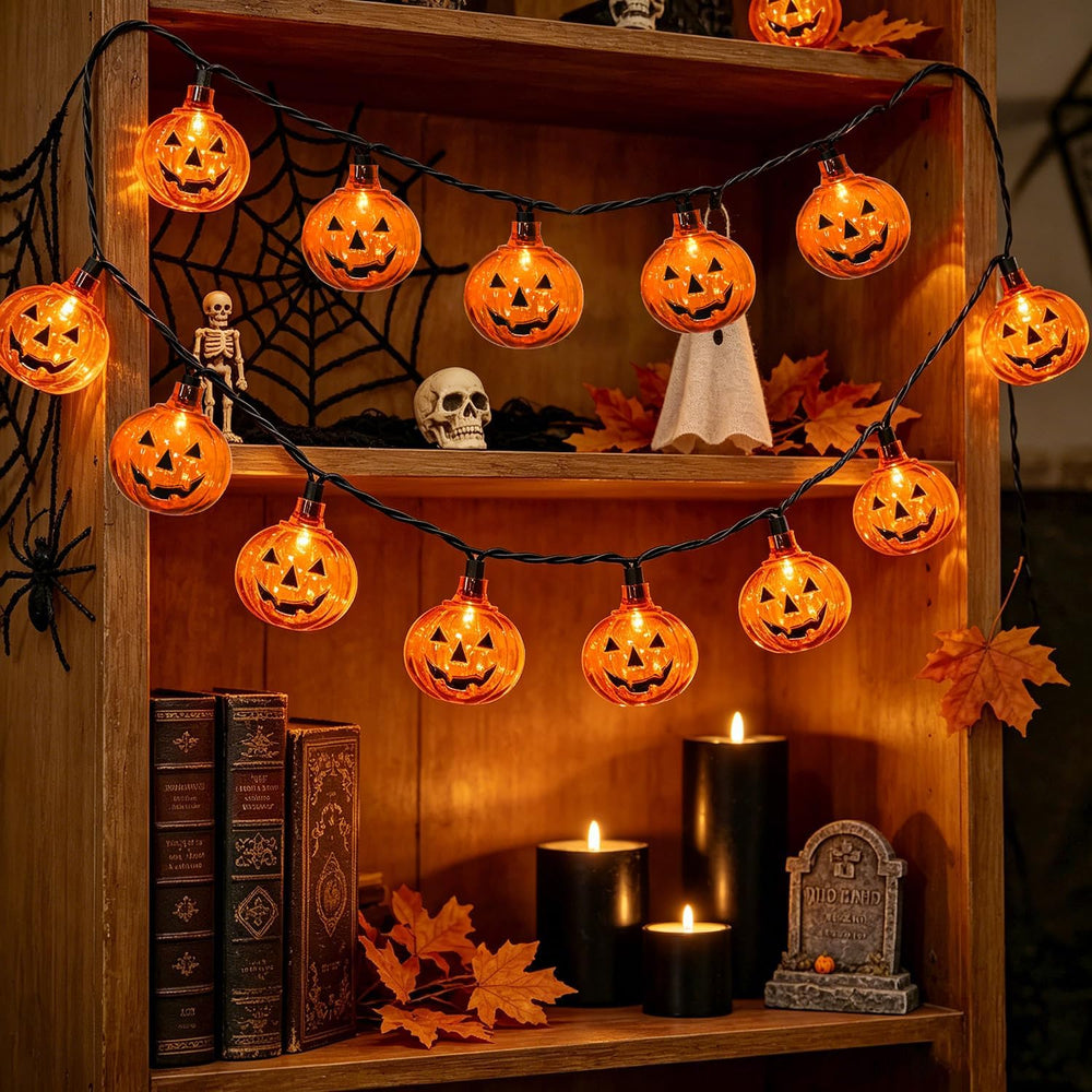 12Ft 20 LED Halloween Pumpkin String Lights Plug in Jack O Lantern Lights wit...