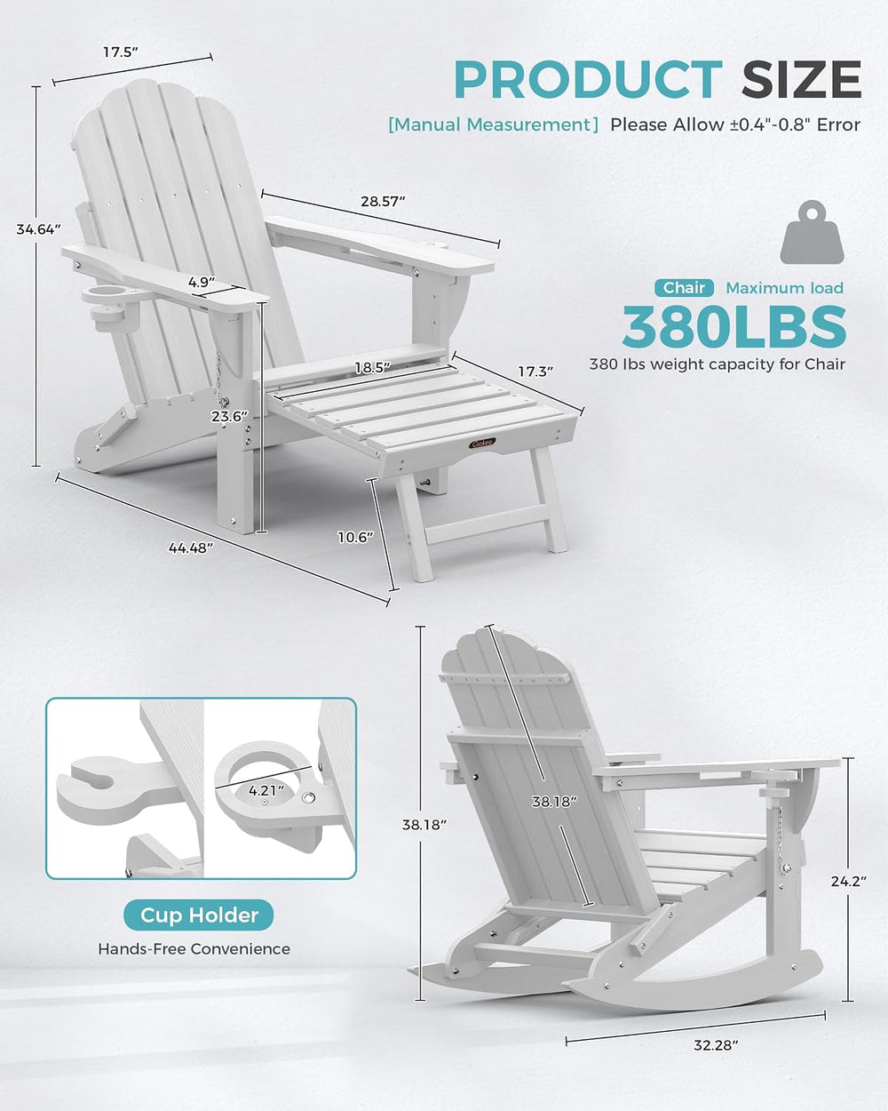 Ciokea Adirondack Rocking Chairs Set of 2 with Retractable Ottoman (White)