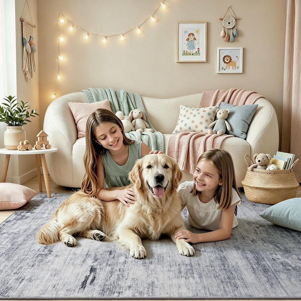 Toneed Washable 5x7 Grey Area Rug with Non-Slip Backing for Living Room