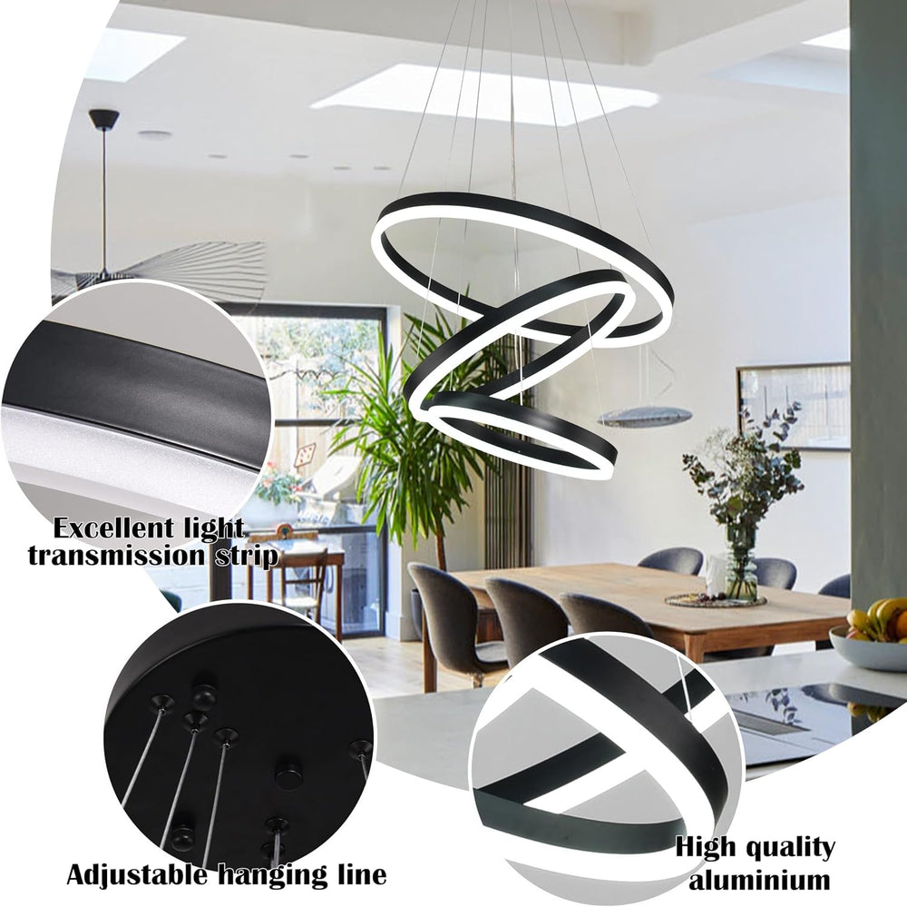 Modern Led Chandelier 3 Rings Black Pendant Lights Dimmable Chandeliers Color...