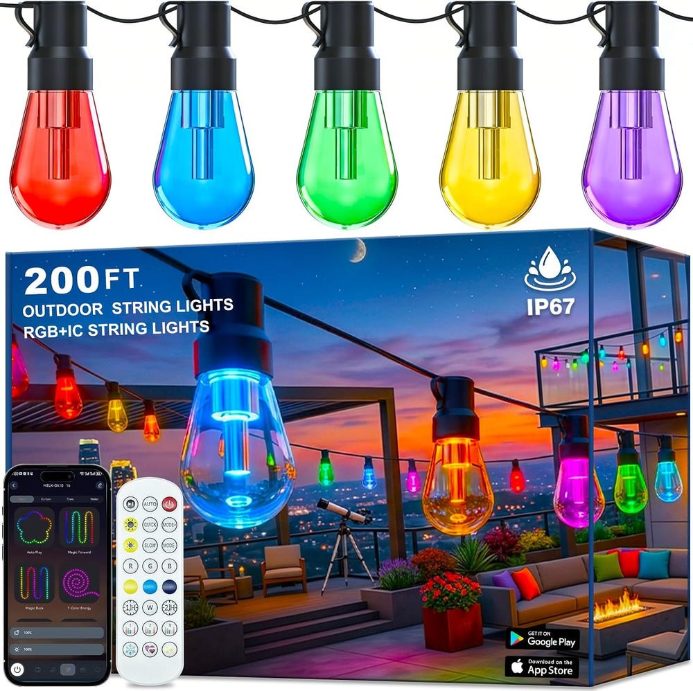 Outdoor String Lights,200FT Smart RGB+IC Patio Lights with Shatterproof LED B...