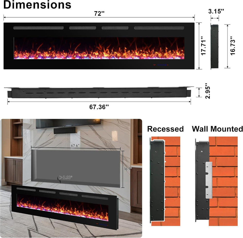 72 in. Ultra-Thin Recessed & Wall Mounted Electric Fireplace