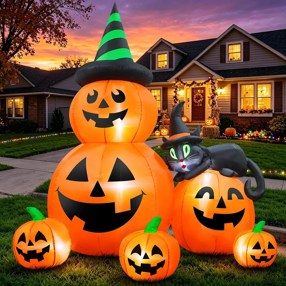 6 FT Halloween Inflatable Pumpkins with Witch’s Black Cat, Spooky Blow up Out...