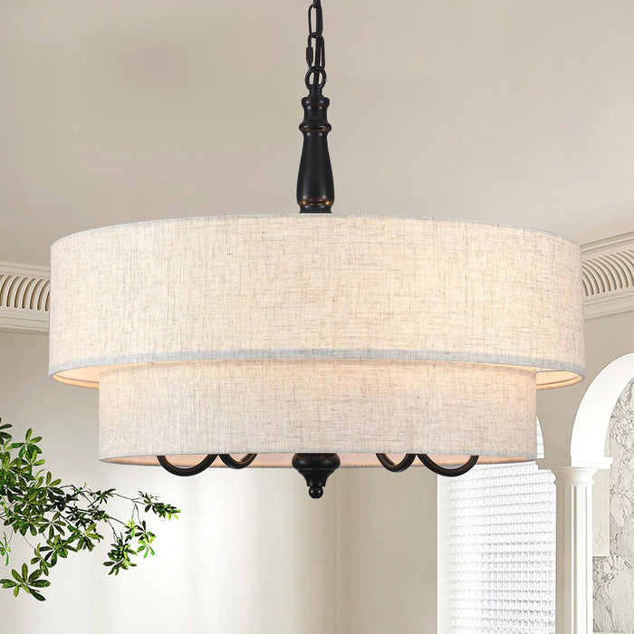 21.25" Modern Farmhouse Drum Chandelier, 5-Light Matte Black Pendant Light Fixture with Double Tiered Linen Shade, Rustic Hanging Lighting for Dining Room, Kitchen Island & Foyer