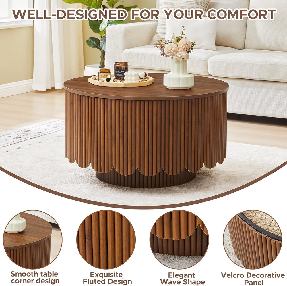 Round Lift Top Coffee Table with Storage, Fluted Circle Coffee Table,Walnut