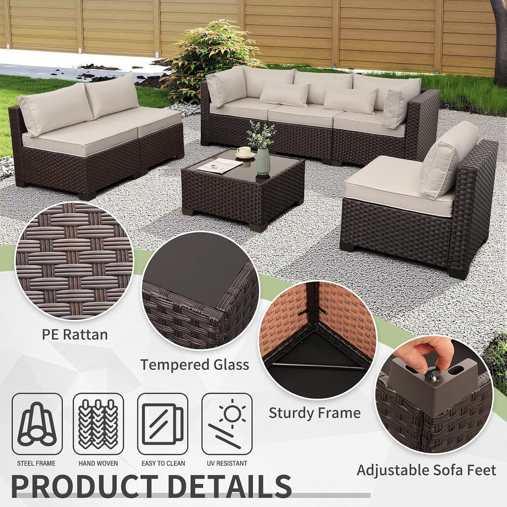WAROOM Outdoor Patio Furniture Set 7 Pieces Wicker Sectional Sofa Brown Ratta...