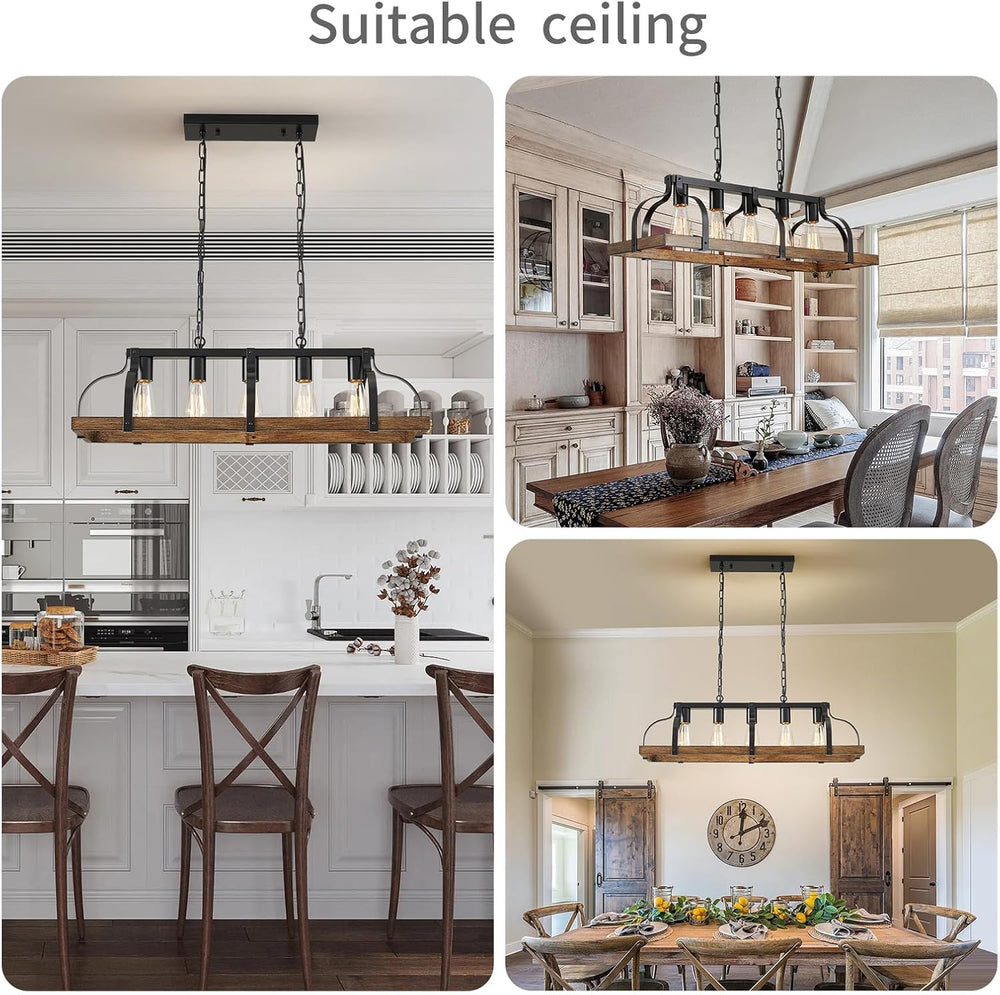 WUZUPS 5-Light Metal Chandelier Imitation Wood Grain Linear Pendant Ceiling L...