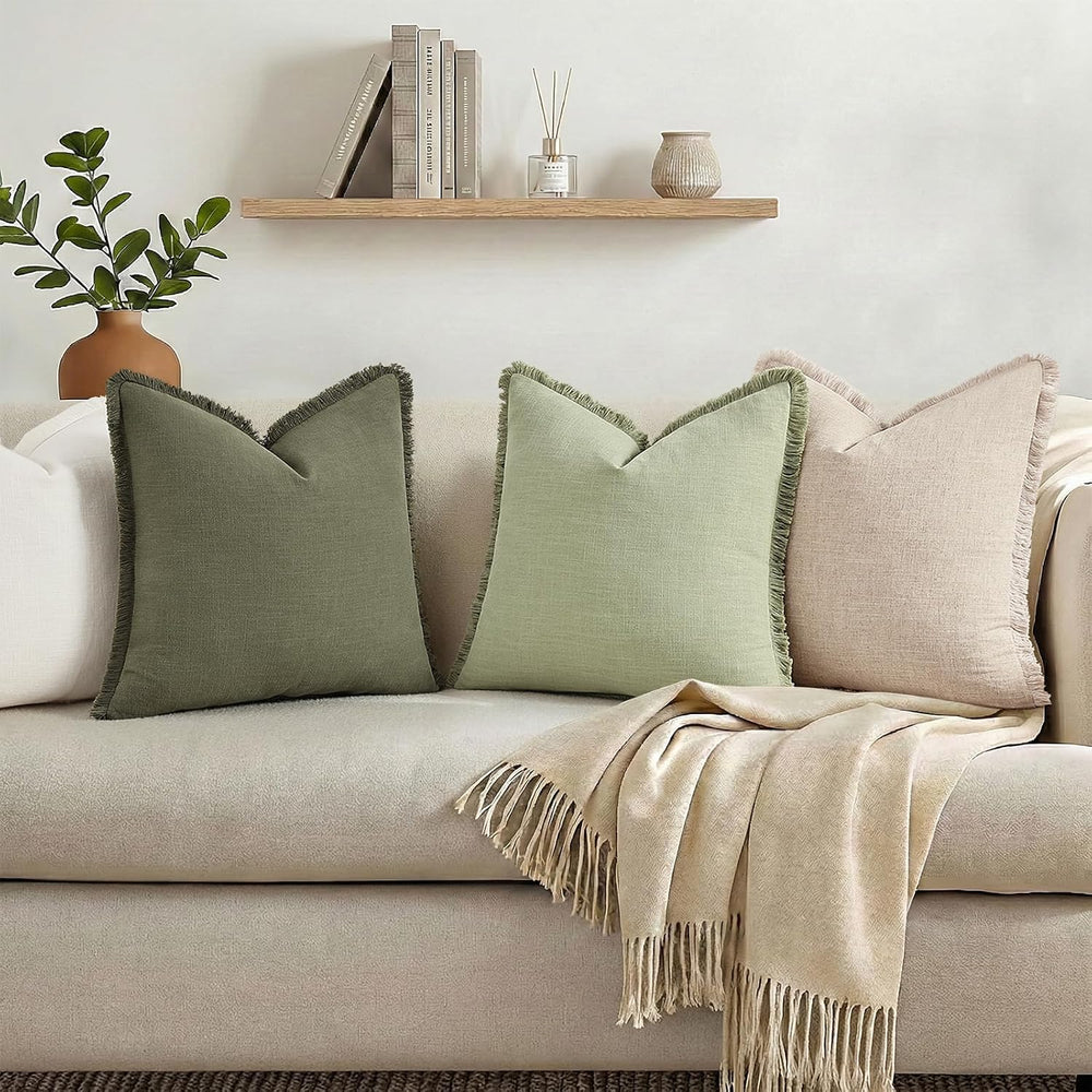 decorUhome Linen Fringe Sage Green Throw Pillow Covers 24x24 Set of 2