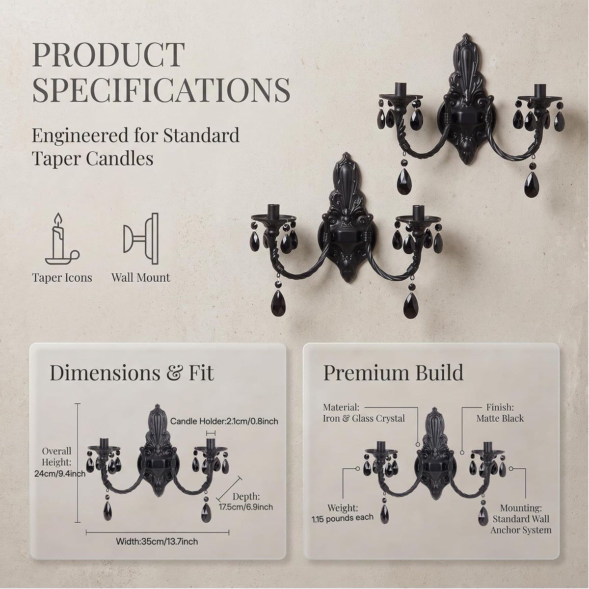 Black Iron Candle Sconces Gothic Wall Candle Holder Set of 2, Handcrafted Wrought Victorian Wall Mounted Candlestick with Acrylic Crystals for Halloween, Bedroom, Living Room, Dining Room
