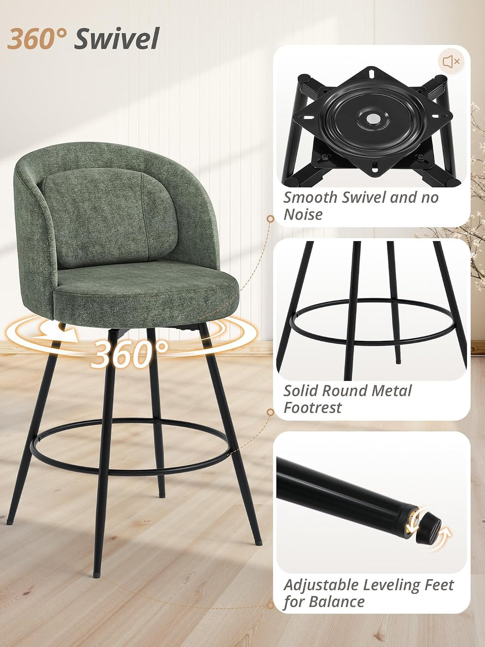 LUE BONA 26" H Swivel Bar Stools Set of 3, Counter Height Bar Stools wit...