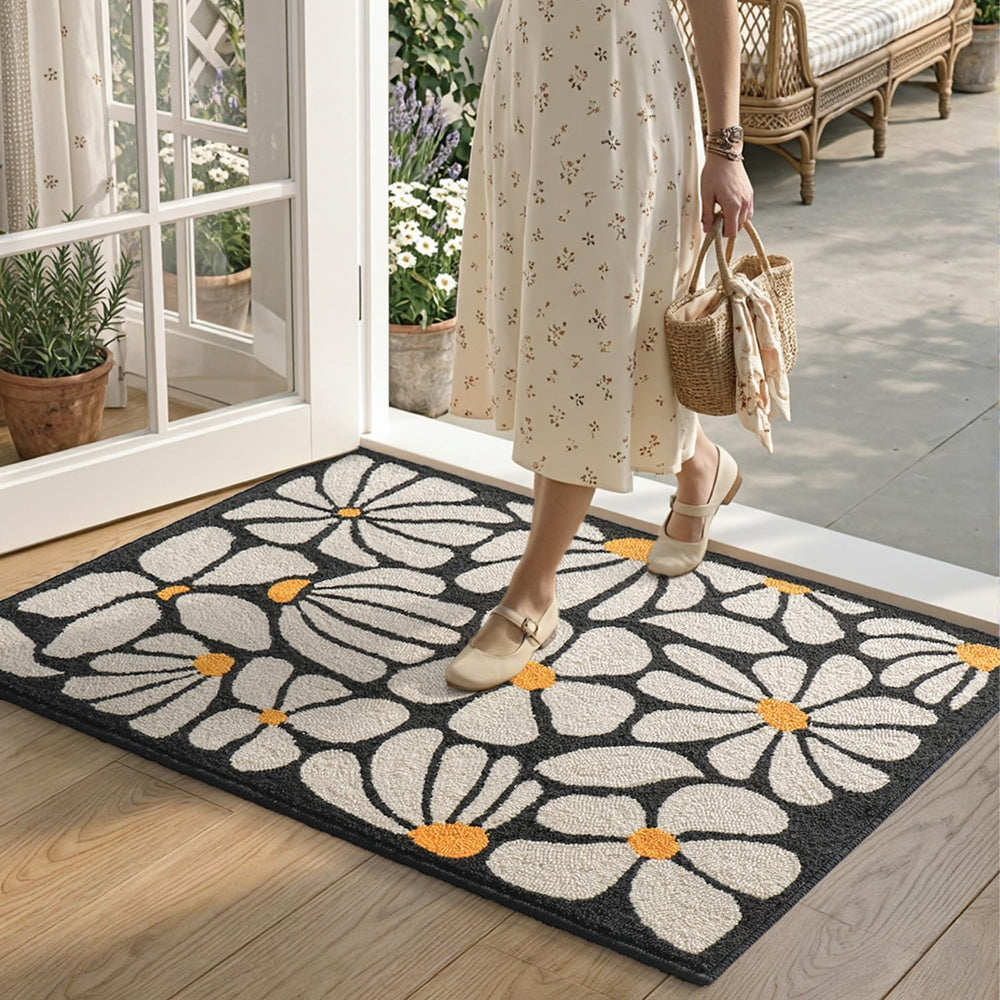 DEXI Front Door Mat Indoor Entrance 32x48, Non Slip Doormat, White Floral