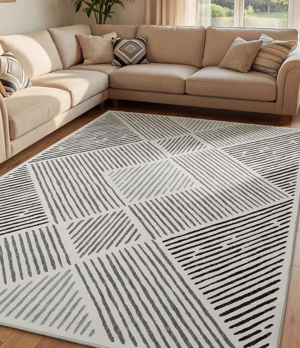 YIHOUSE 5‘x7' Washable Black and White Rug, Modern Area Rug for Living Room