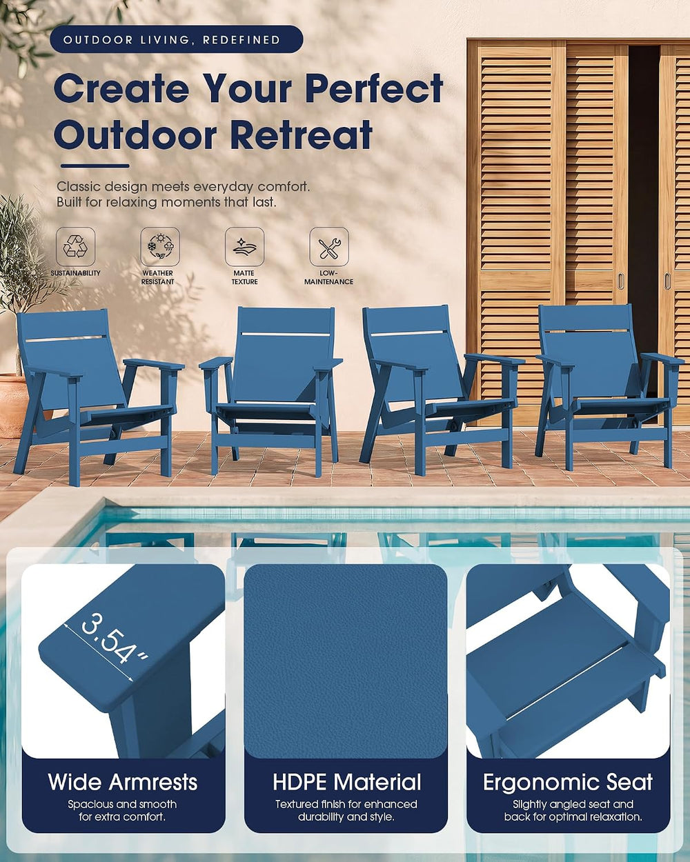 KINGYES Modern Adirondack Chair Set of 6, Slateless Design, Navy