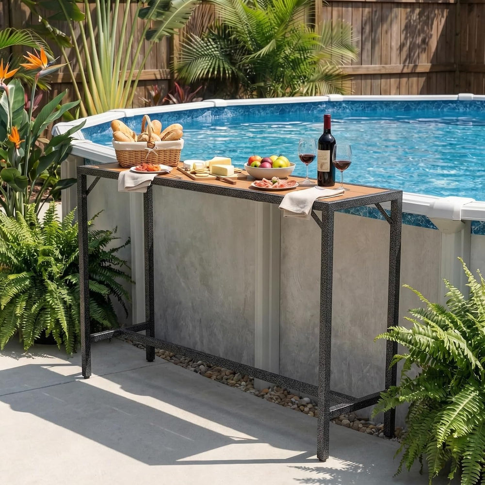 TLSUNNY 63" Patio Bar Table, Sturdy Outdoor Counter Height Table, Teak