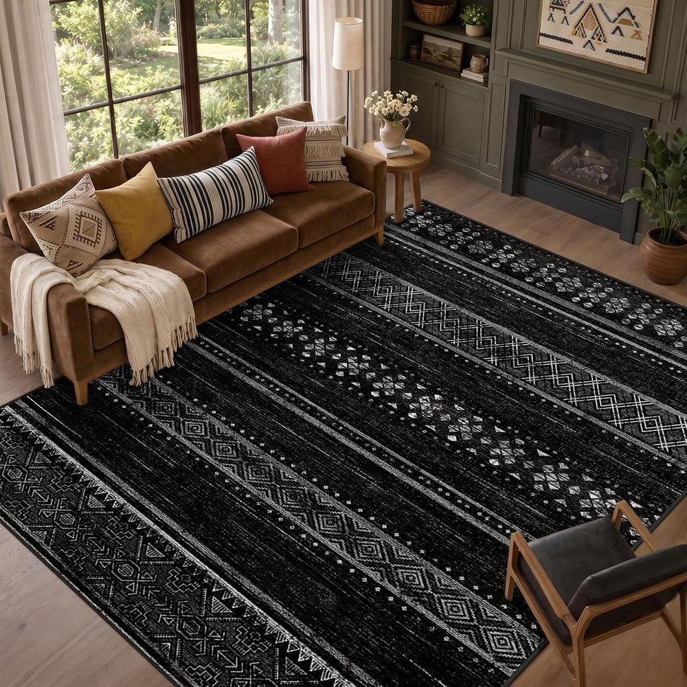 8x10 Washable Area Rugs for Living Room Boho Bedroom Rug Black/White