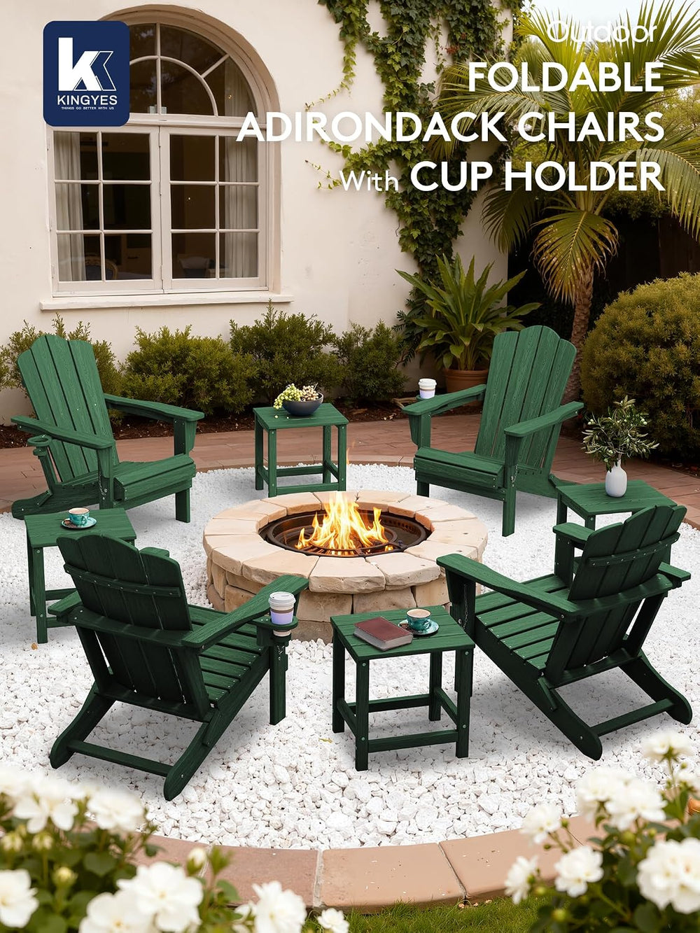 KINGYES Folding Adirondack Chair with Cup Holder, Green
