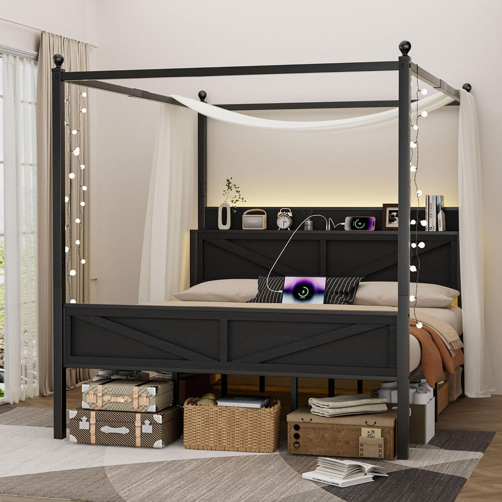 Canopy Bed Frame King Size with Barn Storage Headboard, Black‌