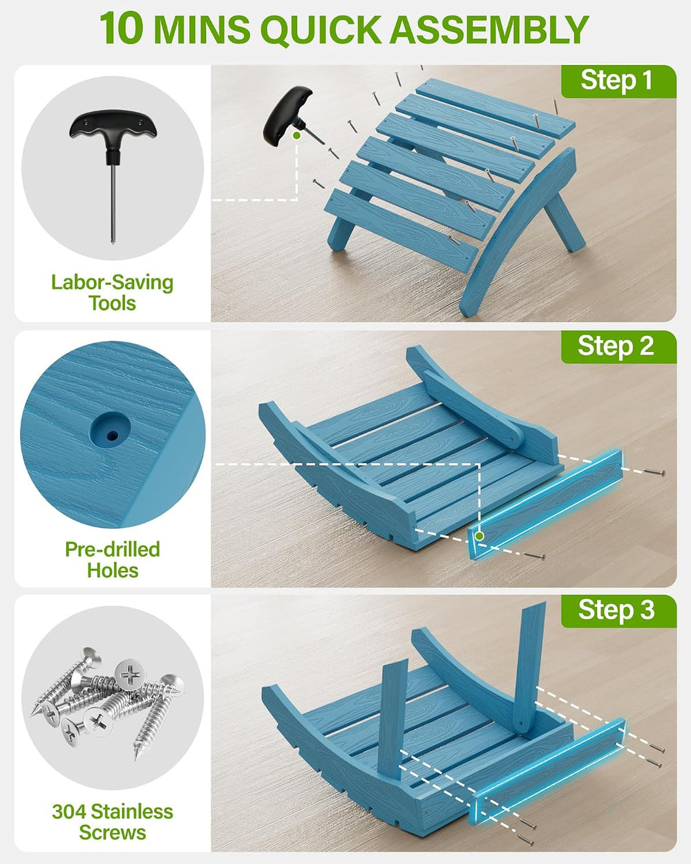 MXIMU Folding Adirondack Ottoman Set of 2 for Adirondack Chair, All Weather