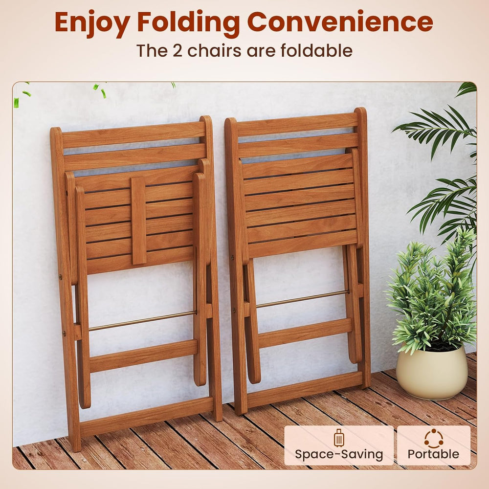 Tangkula 3 Pieces Solid Wood Patio Bistro Set with 2 Folding Chairs, Outdoor ...