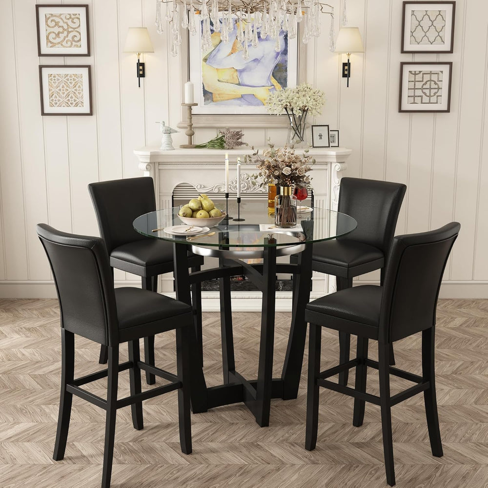 42" Round Bar Height Glass Dining Table, Solid Wood Base, 42" Height