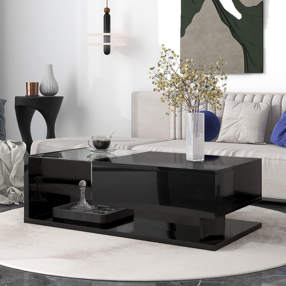 Modern Coffee Table with Tempered Glass, Wooden Cocktail Table with High-Glos...