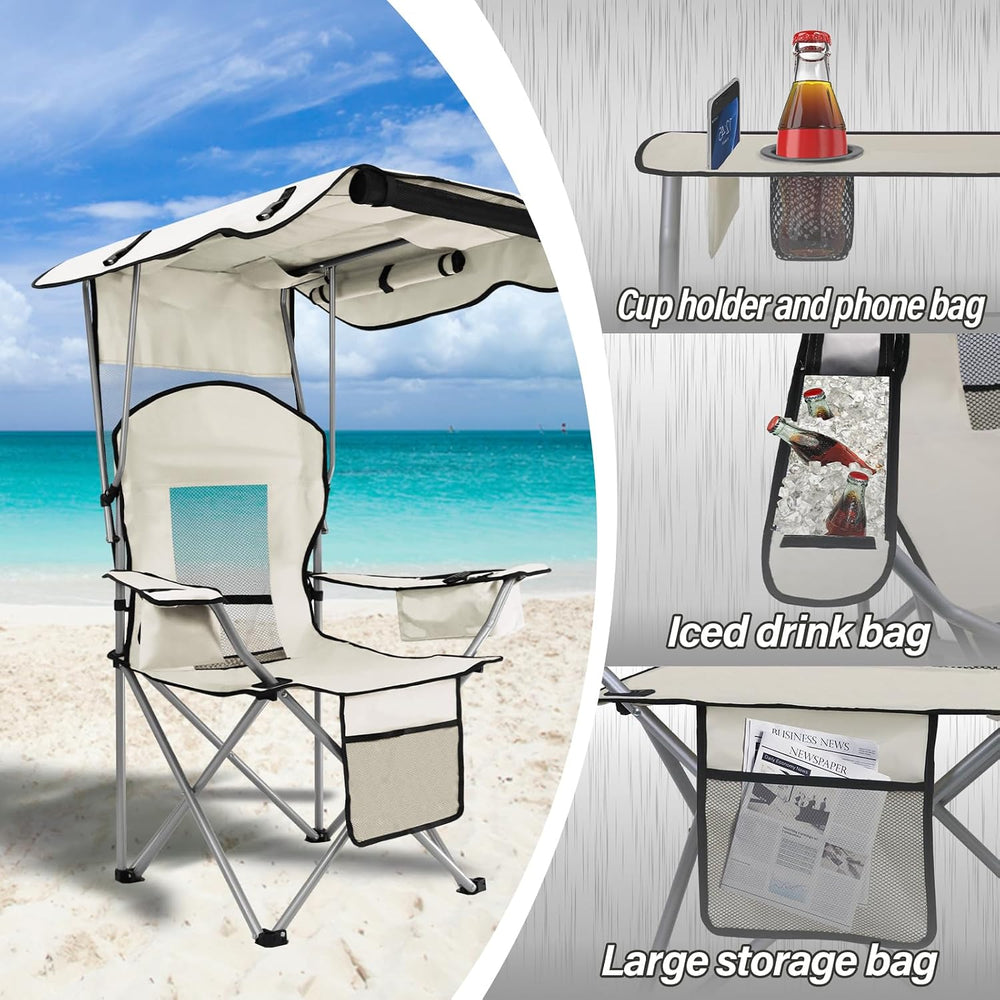 Beach Chair with Canopy Shade, Folding Camping Chair Support to 330LBS, Outdo...