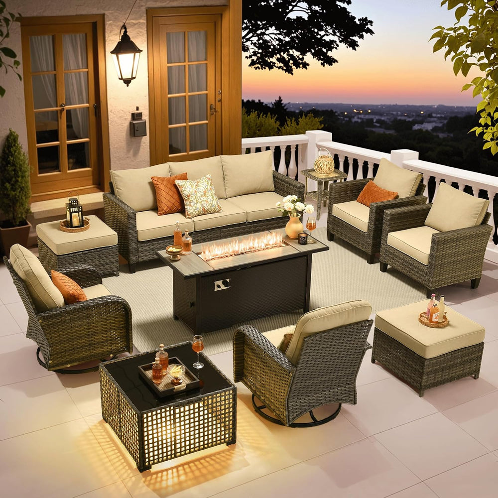 ovios 10 Pieces Patio Furniture Set, Outdoor Wicker Sofa Couch with Swivel Gl...
