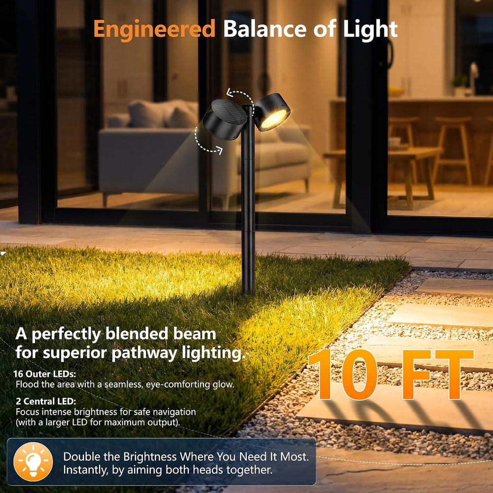 Solar Path Lights, Dual-Head with 2 Solar Panels & 2 Oversized Lenses