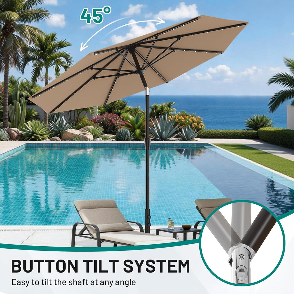 AreShark 9FT Patio Umbrella with Solar Lights, 32 Lighted Pool Umbrella w/Til...