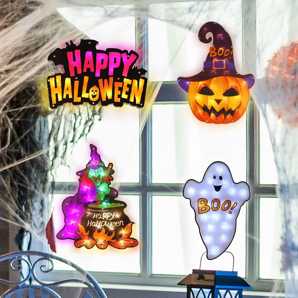 LAMPHOME 4 Pack LED Lighted Ghost,HappyHalloween Sign,Witch,Jack-O-Lantern Ha...