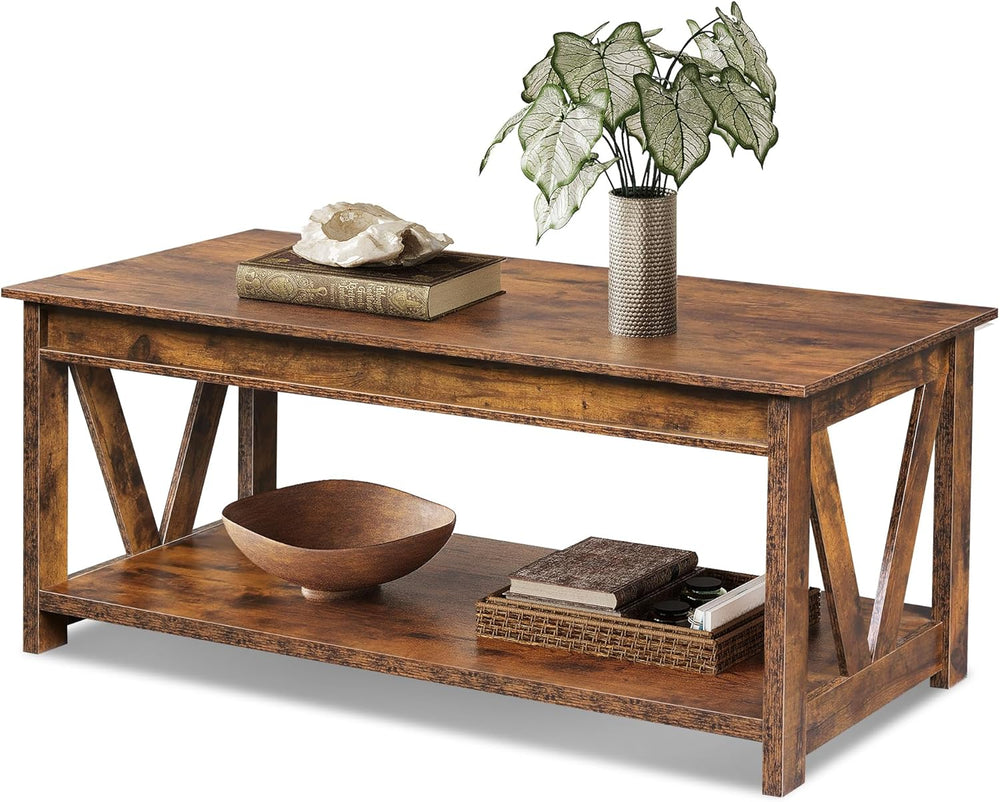 WLIVE Coffee Table, 43.3 Inch Farmhouse Table with Storage, Rustic Brown