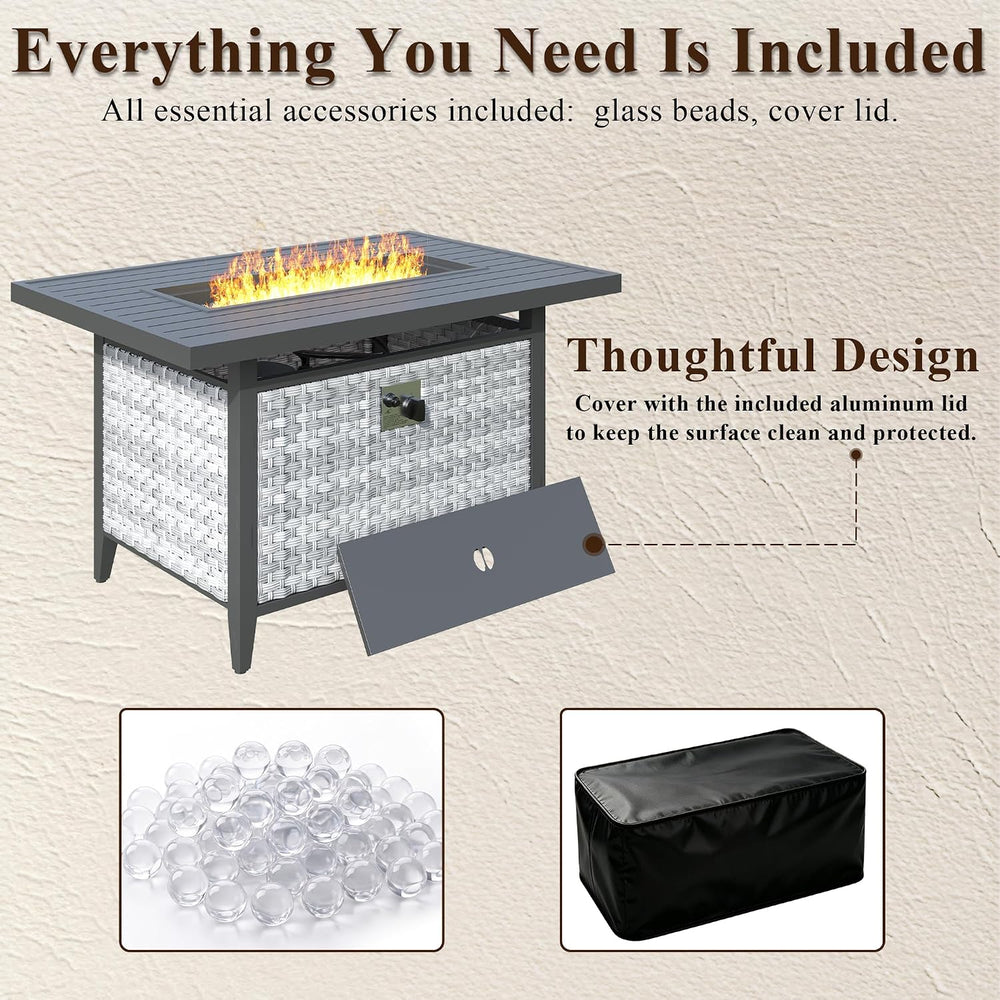 43 in Wicker Propane Fire Pit Table with Lid, 55,000 BTU