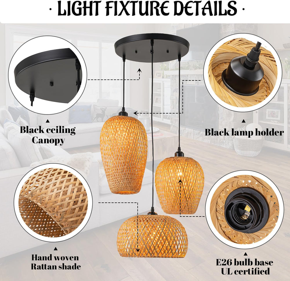 Rattan Pendant Light Bamboo Hanging Light 3-Lights Boho Pendant Light Fixture...
