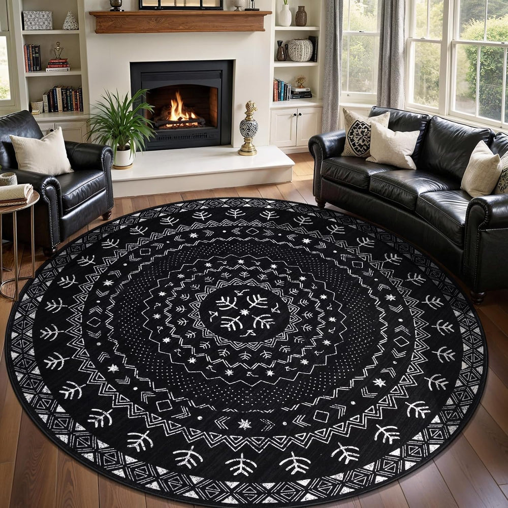 SERISSA 8ft Washable Non-Slip Boho Round Area Rug for Bedroom