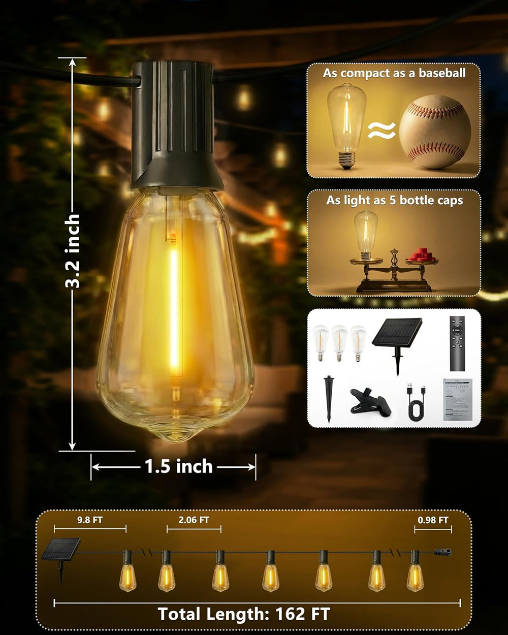 Solar String Lights Waterproof, 162FT(72+3) ST38 Outdoor Lights with Remote, ...